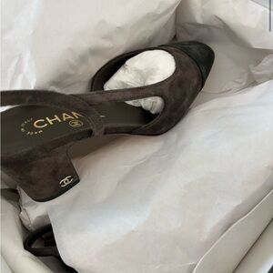 Chanel two tone, brown and green suede slingback block heel
